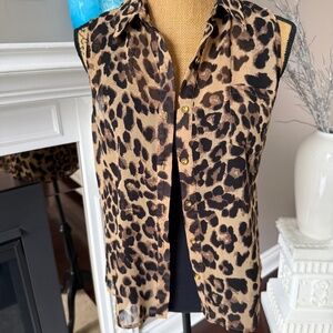 "Mine" Sheer Leopard Print Sleeveless Blouse Gold Buttons - Women's Large